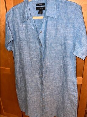Tahari Light Blue Short Sleeve Linen-Blend Button Down Shirt